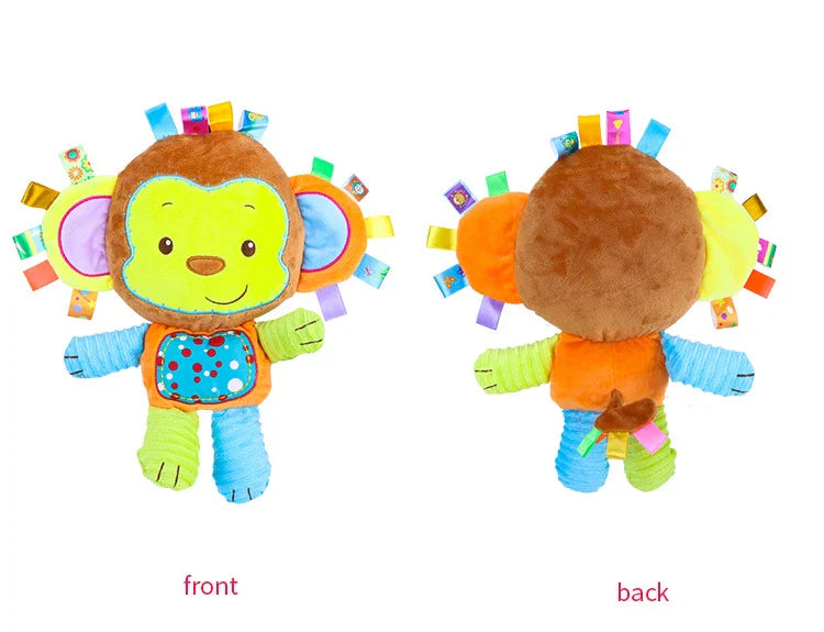Newborn's first toy: a gentle animal plush with engaging rattles and bells