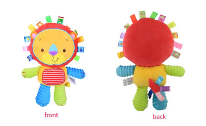 Side view of a duck baby sensory plush toy, featuring rattles and bells for fun