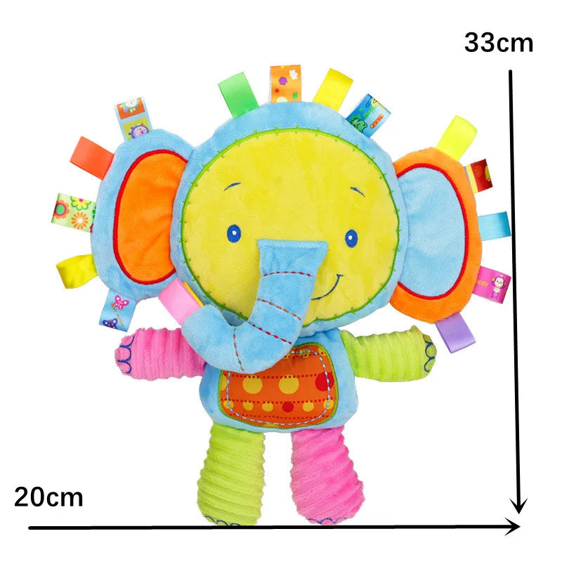Bright colorful giraffe sensory plush toy featuring rattles and bells for infants