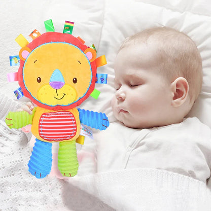 Lion baby sensory plush toy with engaging rattles and bells, ideal for playtime