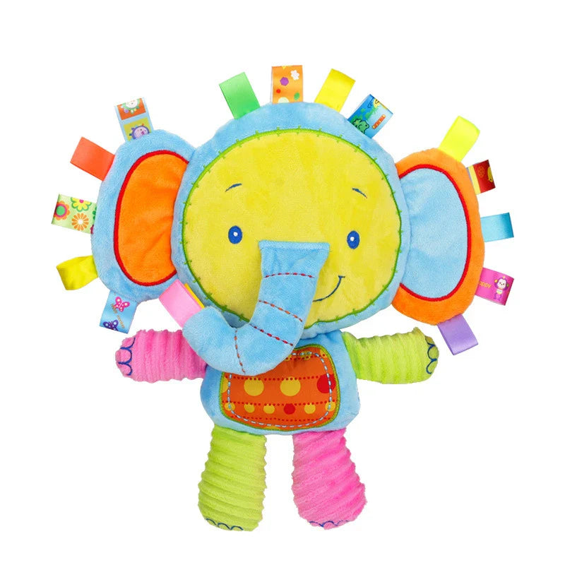 Detail of a plush toy's rattle component, part of a baby animal sensory toy