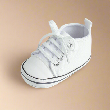 Child's first stride in anti-slip canvas sneakers, soft sole providing natural barefoot feel