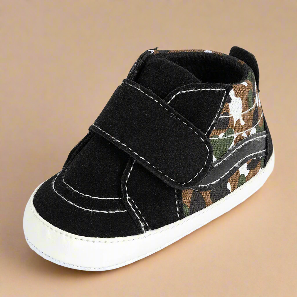Close-up of anti-slip sole on baby canvas sneaker, designed for grip and first walker safety
