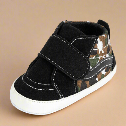 Close-up of anti-slip sole on baby canvas sneaker, designed for grip and first walker safety