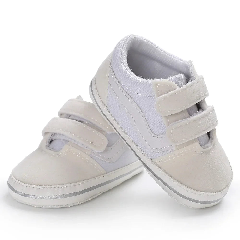 Toddler first walker shoes, pink canvas, flexible soft sole, secure velcro, baby sneakers