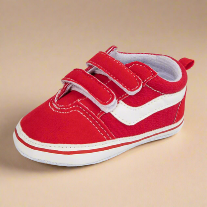 Top view of baby anti-slip canvas sneaker, highlighting wide opening and secure velcro strap