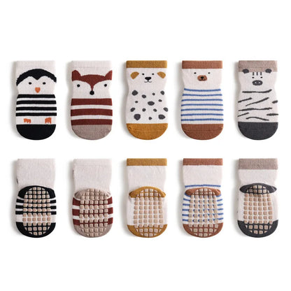 Playful anti-slip baby socks, five-pair set, featuring a variety of cute cartoon animal art