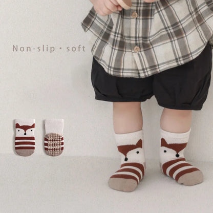 Infant anti-slip socks with various cartoon animal patterns, five-pack, soft cotton blend material