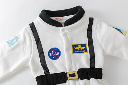 Baby astronaut romper with an open zipper, showcasing the soft inner lining, unisex