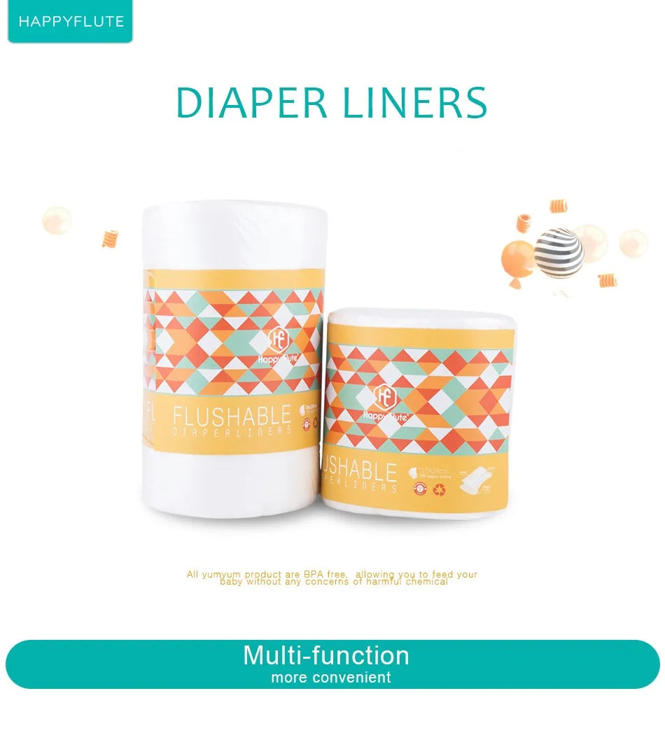 Stack of eco-friendly baby bamboo flushable nappy liner rolls, perfect for nursing and feeding needs