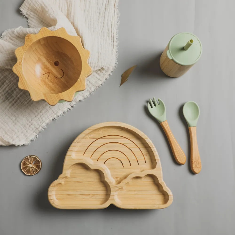 Baby bamboo suction plate with three compartments, designed for toddler feeding and weaning