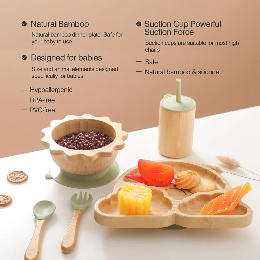 Complete baby bamboo dinnerware set including plate, bowl, cup, and spoon for safe feeding