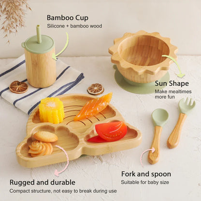 Eco-friendly bamboo feeding set for babies, featuring a suction plate and matching bowl