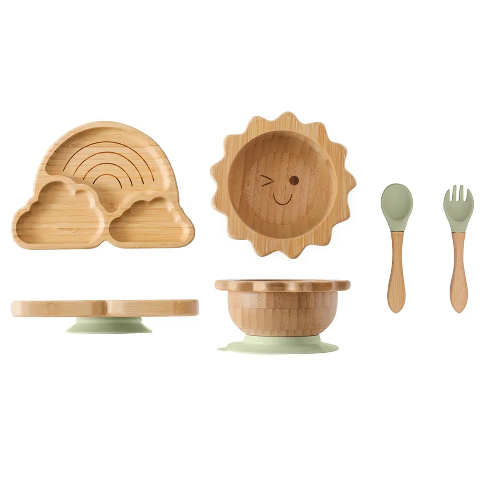 Safe and stylish baby dinnerware made from natural bamboo, with an unattached suction ring