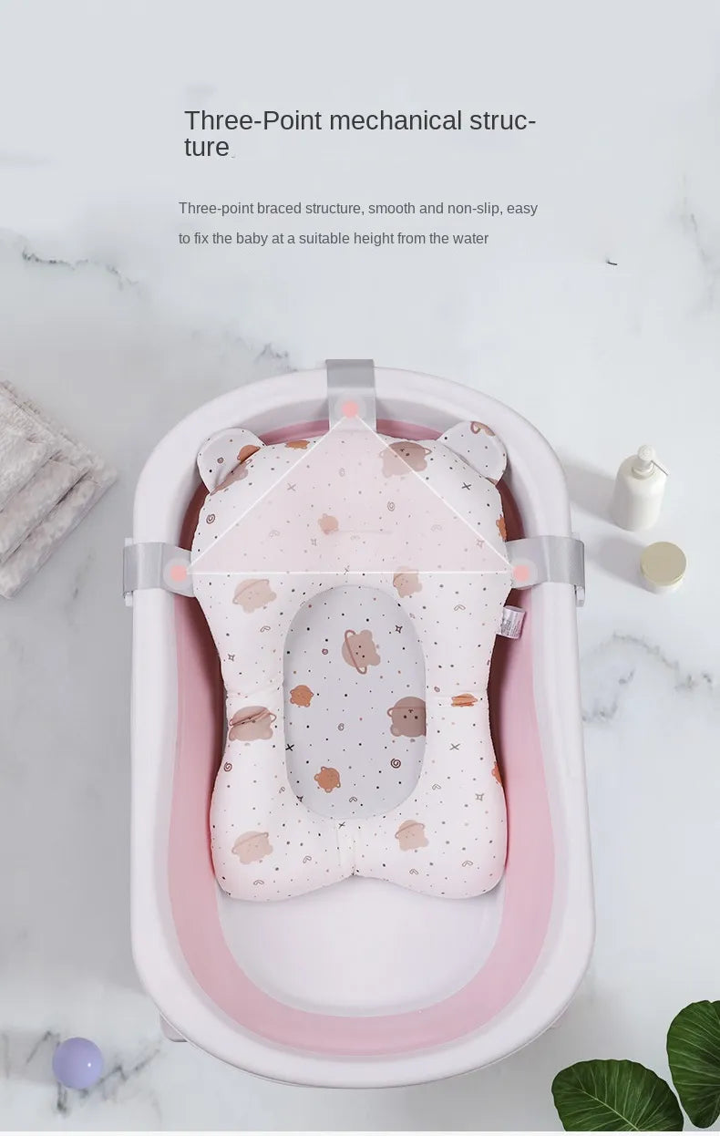 Baby bath pad with secure head and body support, non-slip and foldable for easy use