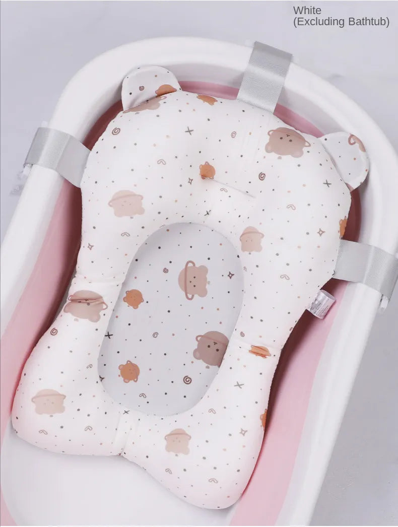 Blue non-slip foldable baby bath pad, displayed with attention to its soft material