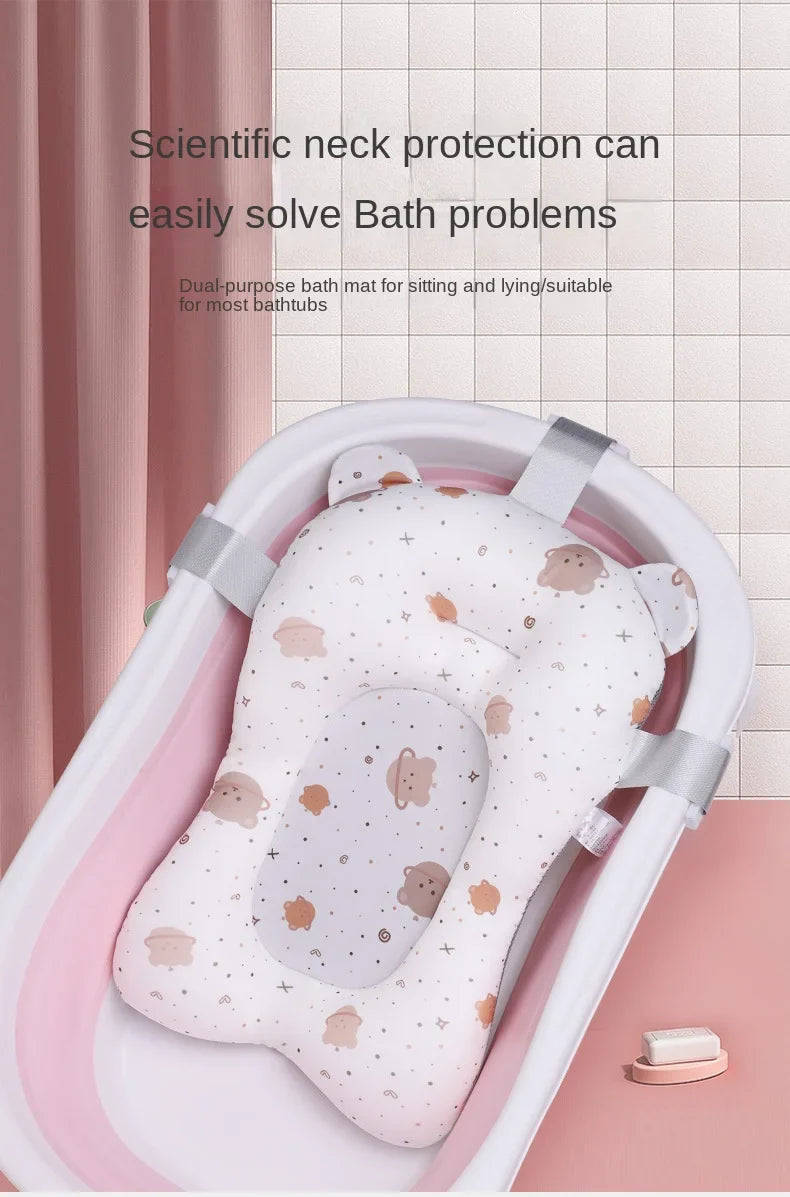 Top-down view of a rectangular, non-slip foldable baby bath pad, made for newborns
