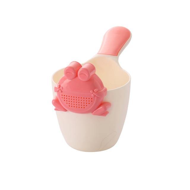 Side profile of a baby bath rinser showing the water flow for controlled, gentle hair washing