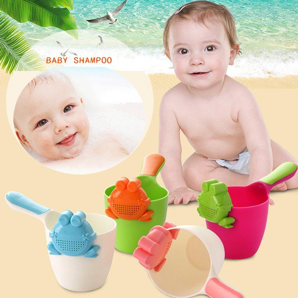 Close-up of baby shampoo rinse cup, gentle stream ensures tear-free experience, perfect for infant care