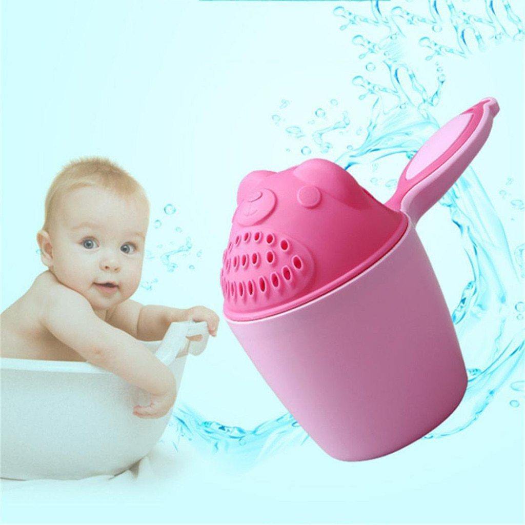 Collection of colorful baby bath rinsers, shampoo cups in blue, yellow, and pink, baby shower gift