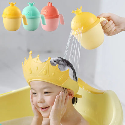 Baby Bath Time Essentials Kit with shampoo cup, soft brush, and adjustable cap on a clean surface