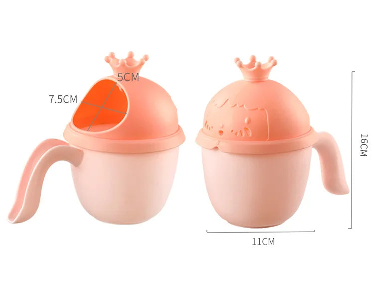Newborn essentials bath kit in pastel colors, featuring a soft bath brush and rinse cup