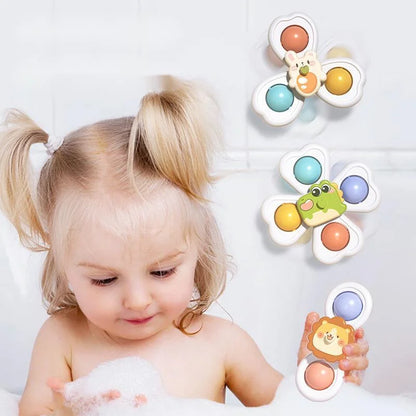 Baby bath toy set with three colorful suction spinners, ideal for sensory play and early development.