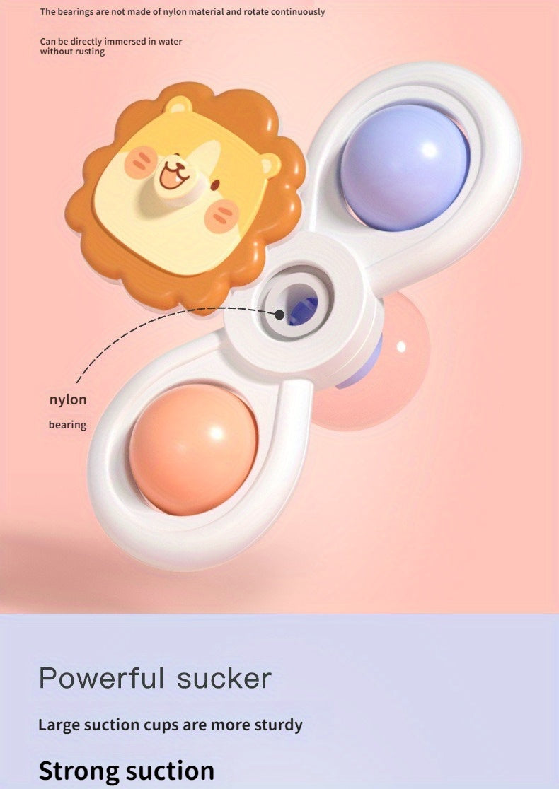 Baby's hands reaching for a spinning bath toy, illustrating interactive playtime and motor skill development.