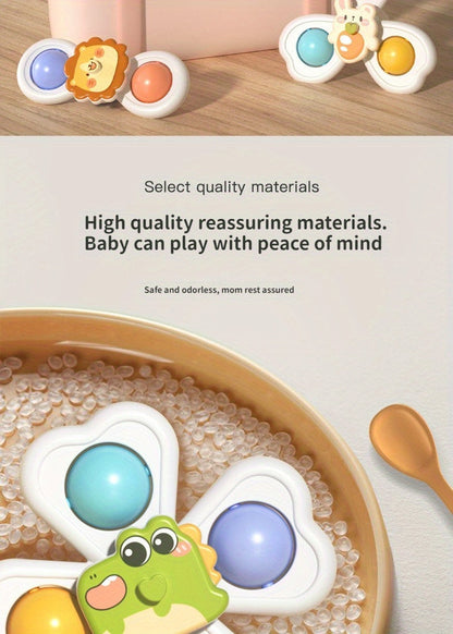 Cute and vibrant suction spinner toys, perfect for making bath time fun and educational for toddlers.