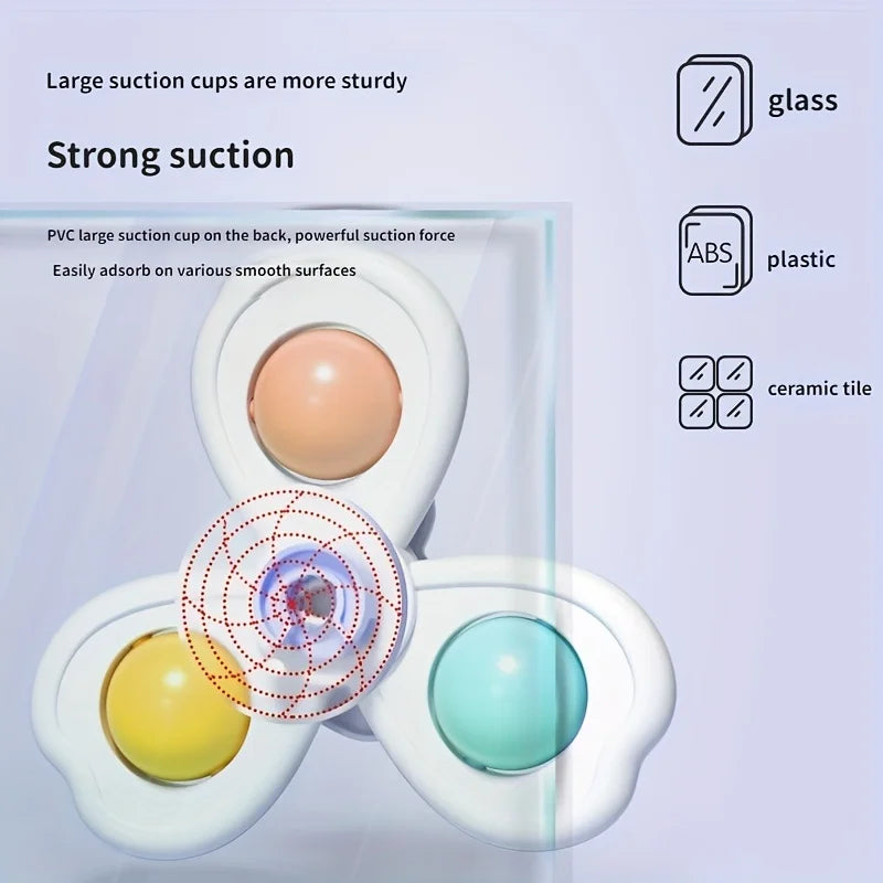 Set of three baby spinner toys with strong suction cups, suitable for bath or high chair use.