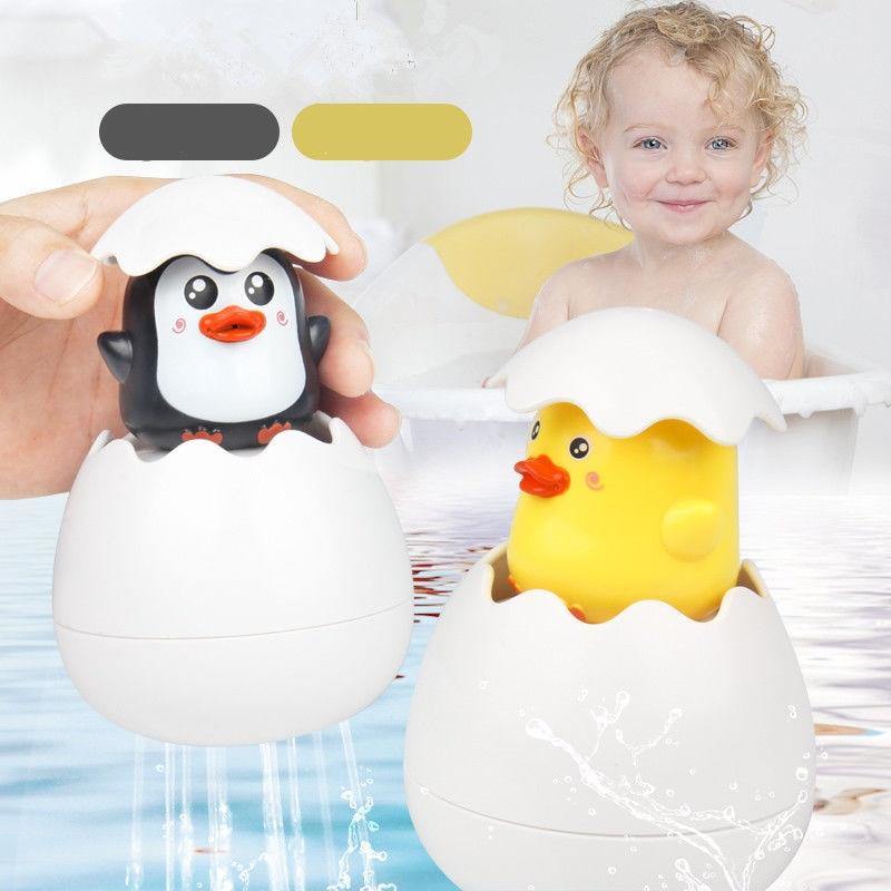 Baby Bathtime Hatching Animal Shower Toy with a yellow duck emerging from a white egg, perfect for toddler bath time fun.
