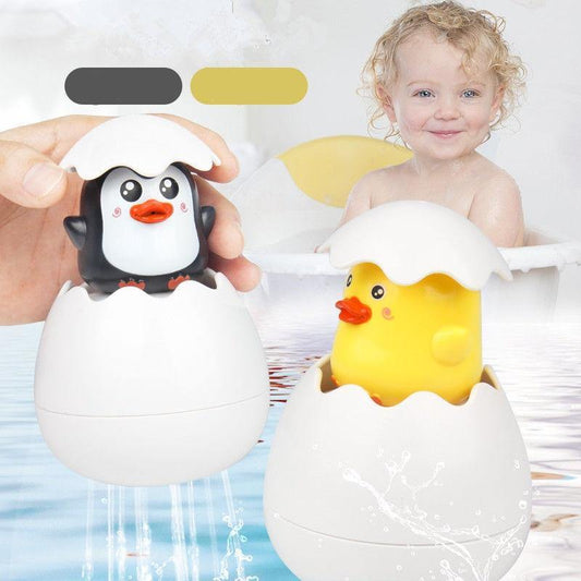 Baby Bathtime Hatching Animal Shower Toy with a yellow duck emerging from a white egg, perfect for toddler bath time fun.