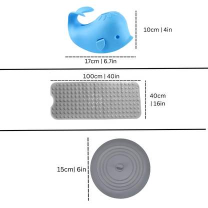 Toddler bath safety set including whale spout cover, textured non-slip bath mat, and water temperature gauge