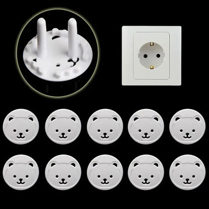 Baby Bear Socket Covers 10-pack white, child safety plug protectors for electrical outlets made of ABS plastic.