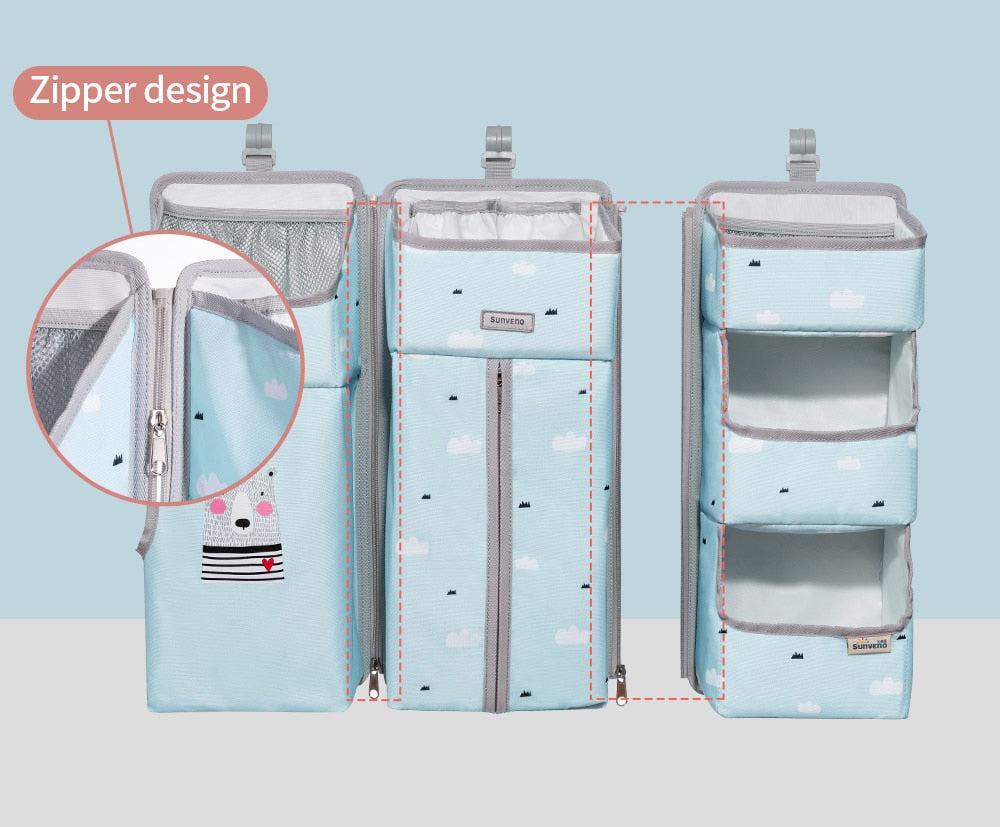 Detachable nursery storage caddy in neutral color, ideal for keeping baby items handy next to crib