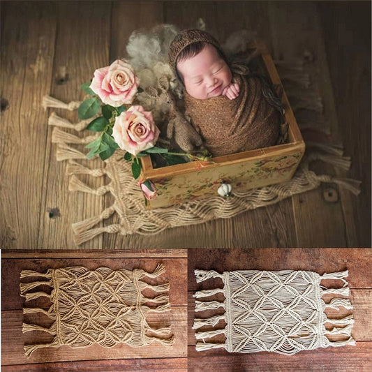 Baby boho knitted photo backdrop blanket, neutral cotton macrame-style, for newborn photography
