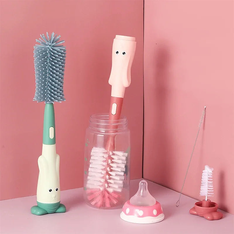 Baby bottle and pacifier cleaning brush set with silicone and nylon brushes, newborn feeding essentials