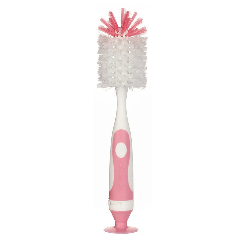 Complete baby bottle cleaning solution: a durable brush with nylon bristles and a hands-free suction stand