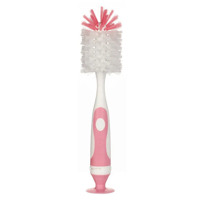 Complete baby bottle cleaning solution: a durable brush with nylon bristles and a hands-free suction stand