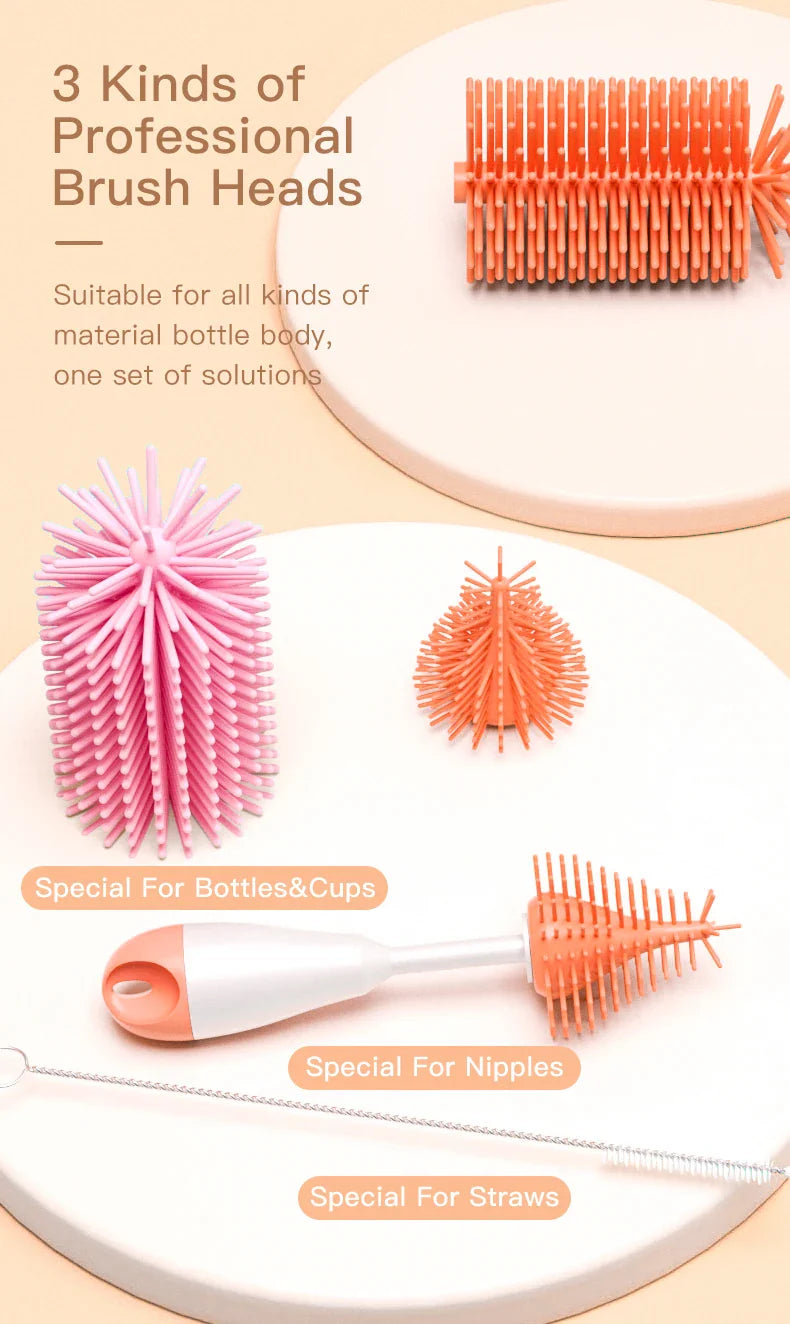 Baby bottle cleaning set with soft silicone bristles, safe for all bottle materials