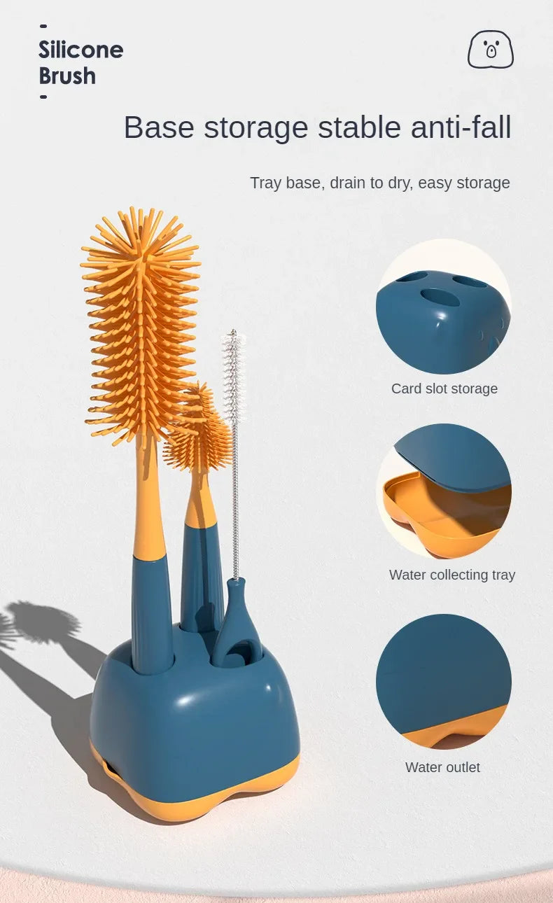 Multi-pack silicone brush set for baby bottles, nipples, and accessories, ensuring cleanliness.