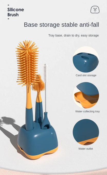 Multi-pack silicone brush set for baby bottles, nipples, and accessories, ensuring cleanliness.