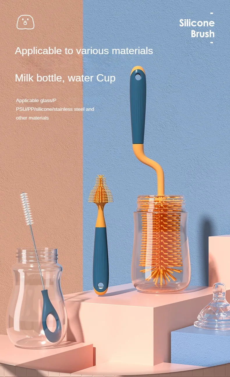 Compact silicone bottle and pacifier brush set, ideal for travel and daily baby care.