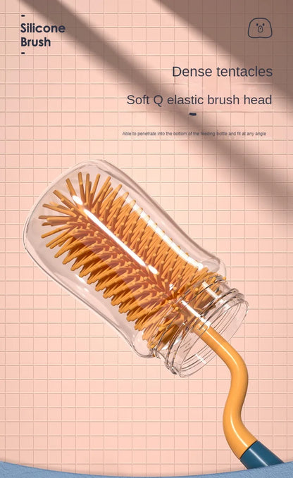 Soft silicone baby bottle brush with comfortable grip and 360-degree rotation for easy use.