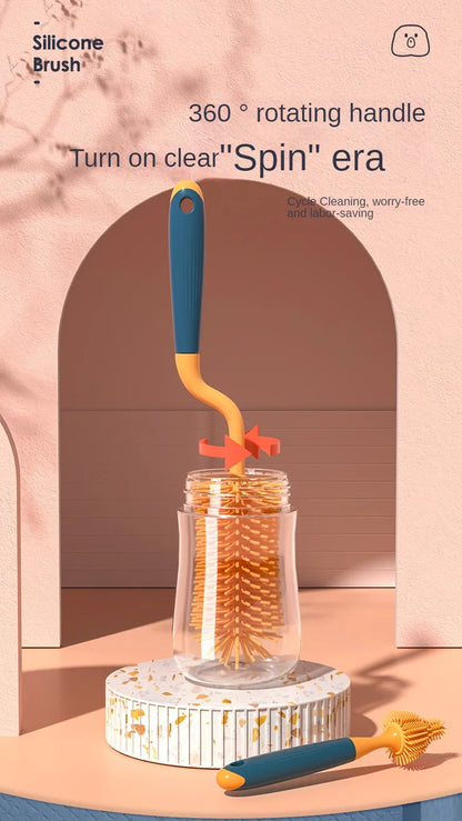 Silicone baby bottle and nipple brush set, ensuring thorough cleaning of all feeding items.