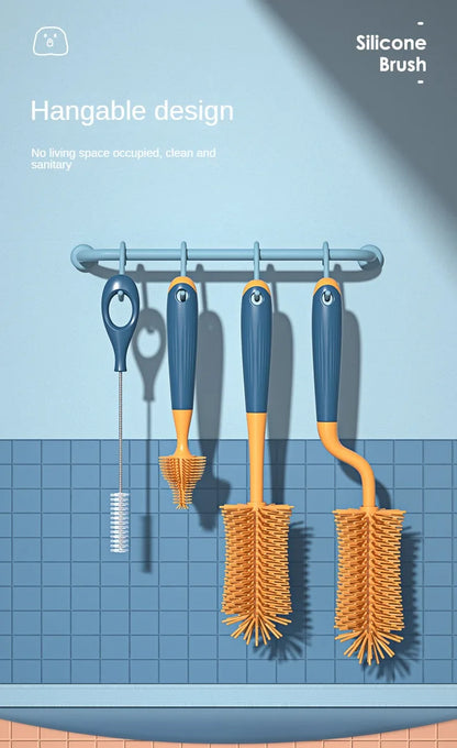 Silicone baby bottle brush set shown disassembled, highlighting each essential cleaning tool.
