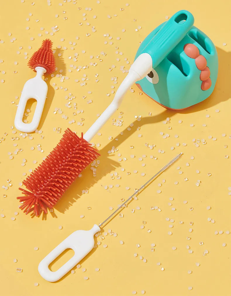 Complete baby bottle hygiene system with durable silicone brushes for long-lasting use.