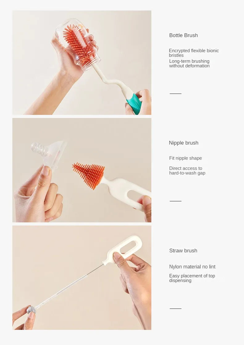 Modern silicone baby bottle cleaning brushes, designed for effective and effortless hygiene.