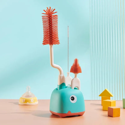 White and blue silicone baby bottle brush set, essential for maintaining feeding bottle hygiene.