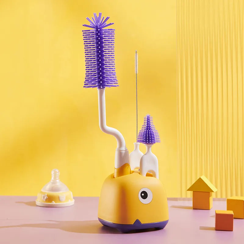 Silicone baby bottle brush, small nipple and straw brush, and detail cleaner for full set.
